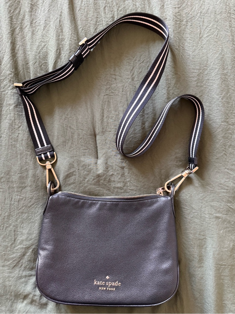 kate spade New York “Rosie Small” Black Leather Crossbody Bag with Striped Strap